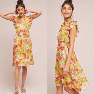 Anthropologie Dolan Ellory Dress yellow floral silk chiffon midi ruffles boho XS